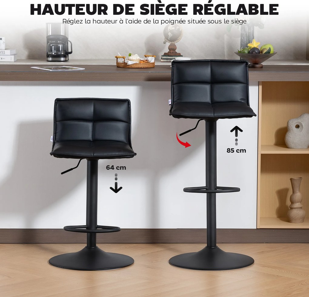 Conjunto de 2 bancos de bar, bancos de bar com altura ajustável e assento giratório em PU, 44 x 45 x 85-106 cm, preto