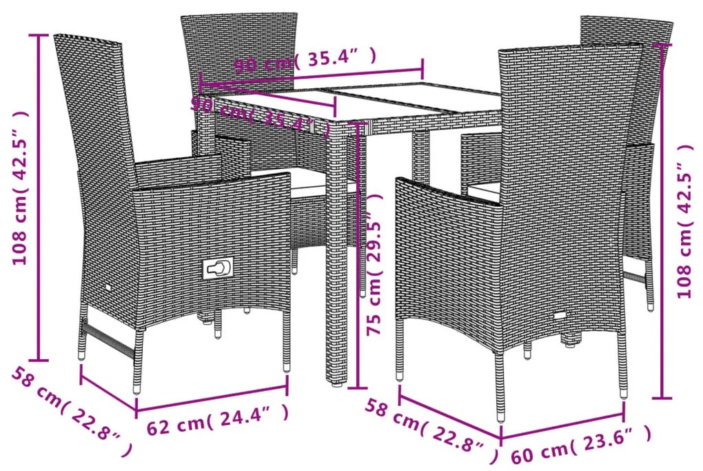 5 pcs conjunto de jantar p/ jardim com almofadões vime PE bege