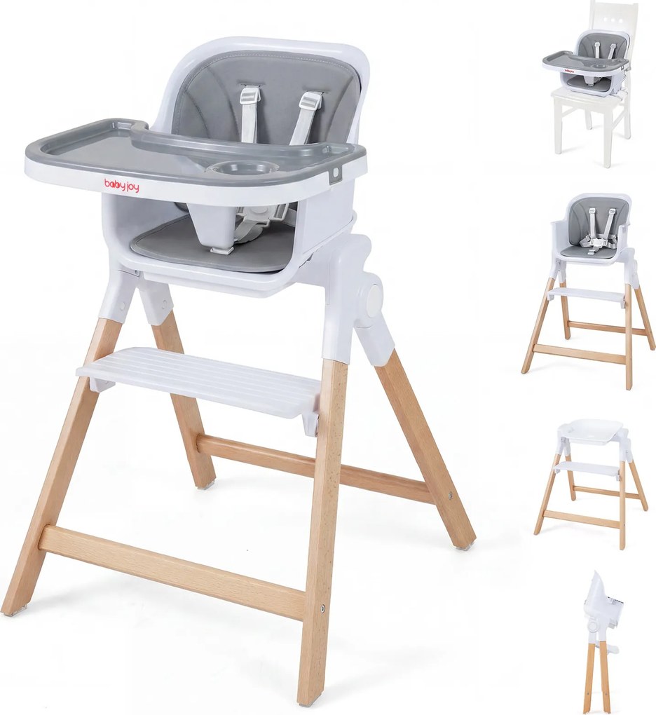 Cadeira de Refeição Evolutiva 4 em 1, 71 x 58 x 93 cm, Tabuleiro Duplo Ajustável, Cinzento