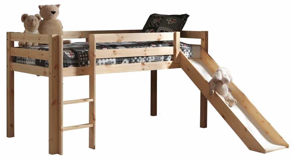 Conjunto Cama alta de Criança PINO 90 x 200 cm + estrado + escada + escorrega + cortina + túnel + bolsas de arrumação Pássaros Natural