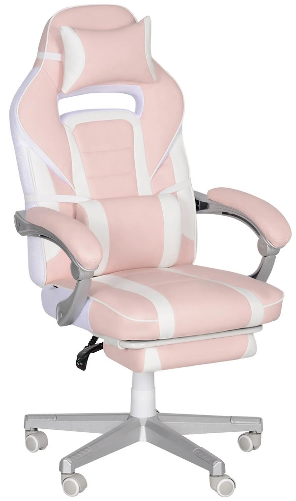 HOMCOM Cadeira Gaming Cadeira de Escritório Reclinável Apoio para os Pés Retrátil Suporte Lombar e Almofada para a Cabeça 63x63x115,5-123 cm Rosa | Aosom Portugal