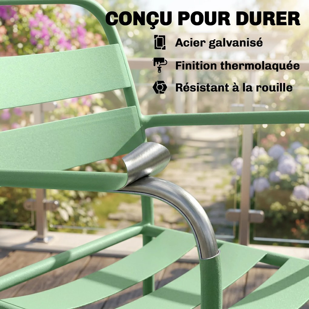Conjunto de jardim estilo bistrô de 3 peças - mesa baixa em vidro temperado e 2 cadeiras com ripas, estrutura em aço galvanizado, verde
