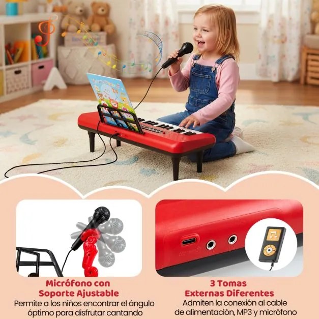 Teclado de 37 teclas para crianças com microfone, suporte e pés removíveis para maiores de 3 anos. Vermelho