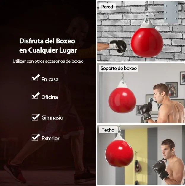 Saco de boxe com água de 45 cm e 50 kg com corrente metálica ajustável, mangueira de injeção de água, soco de boxe para adultos, vermelho e branco