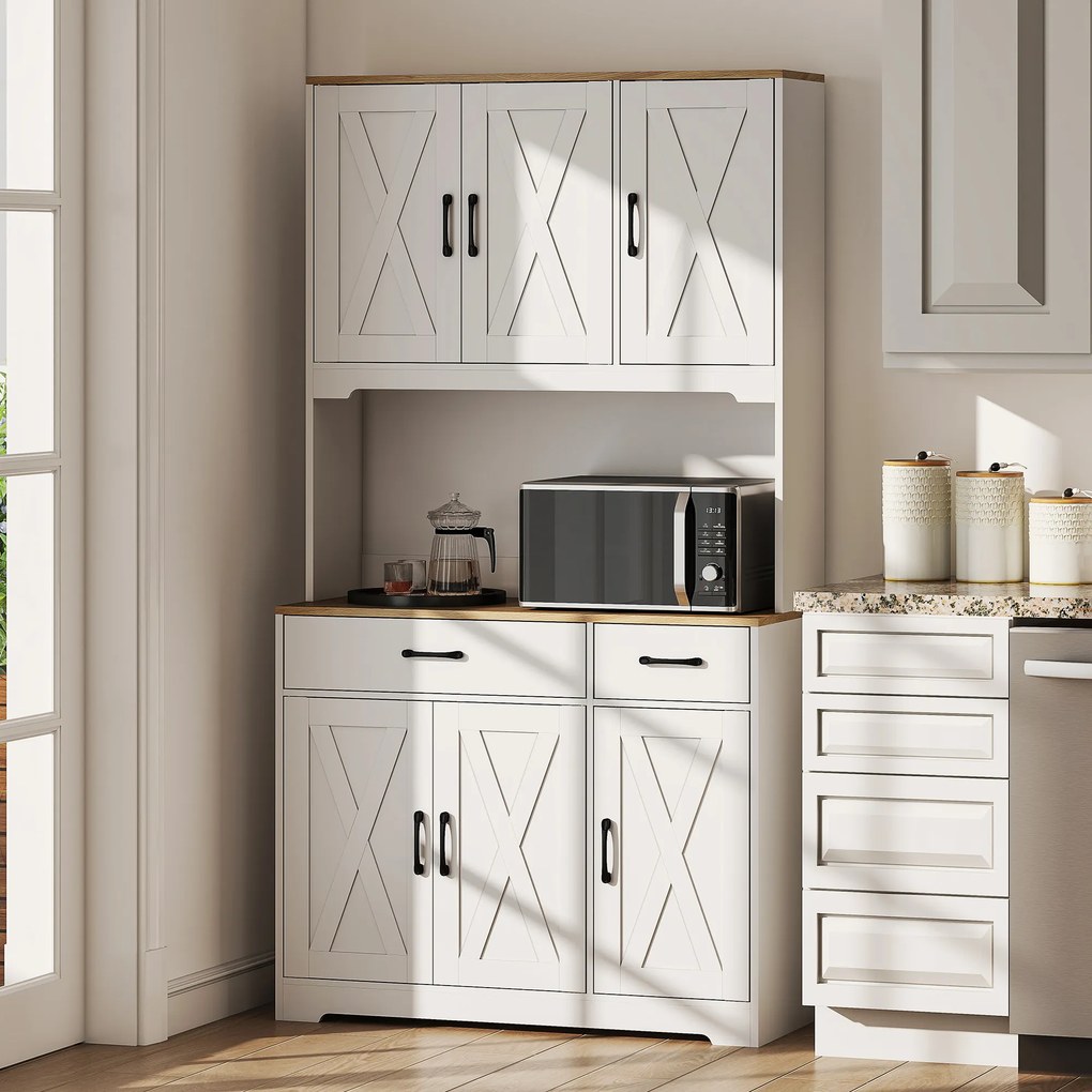 Aparador Alto de Cozinha, 94 x 39,5 x 175,2 cm, 6 Portas e 2 Gavetas, Branco