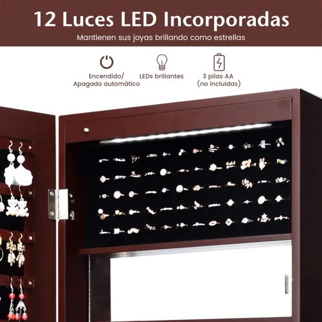 Armário para jóias com espelho e 12 Luzes LEDs de parede 37 x 8,5 x 120 cm Castanho