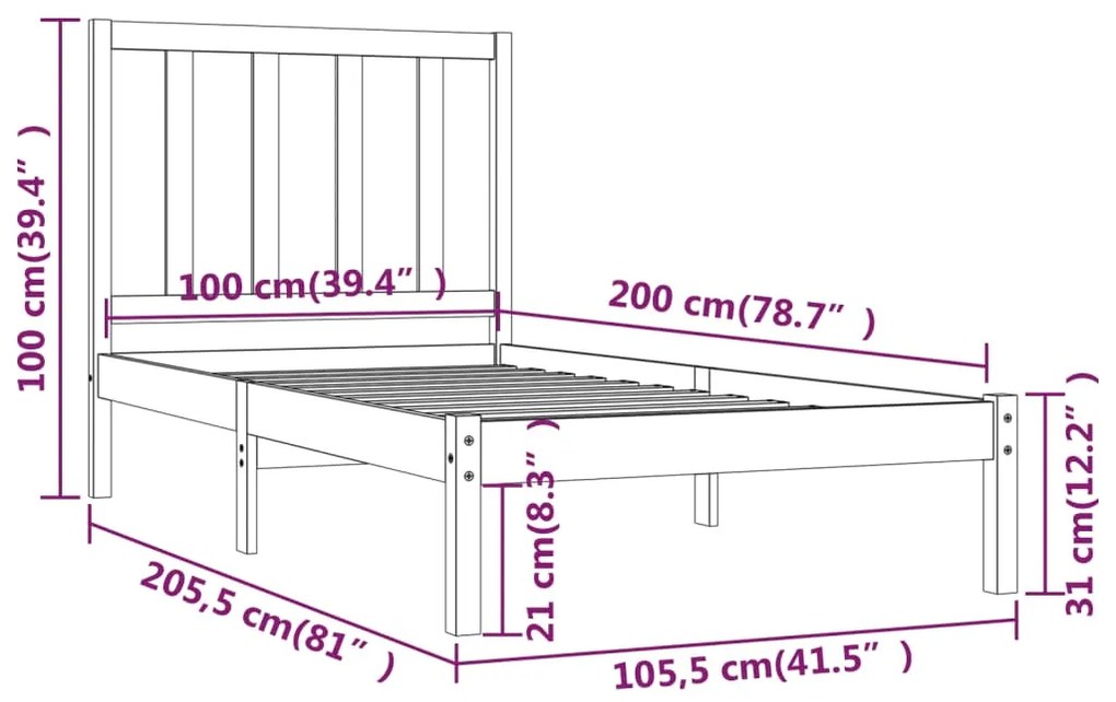 Estrutura de cama 100x200 cm pinho maciço preto