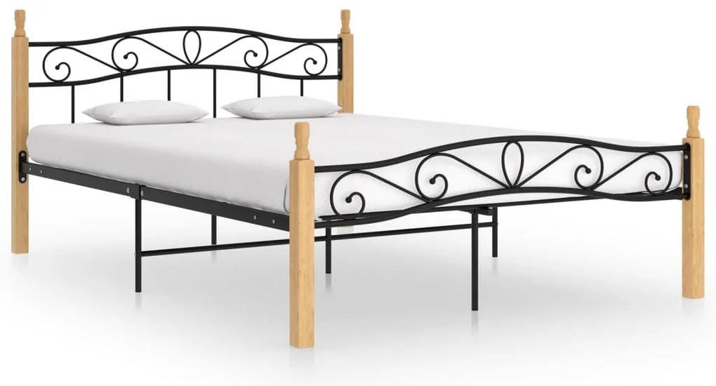 Estrutura de cama 140x200cm metal/madeira carvalho maciça preto