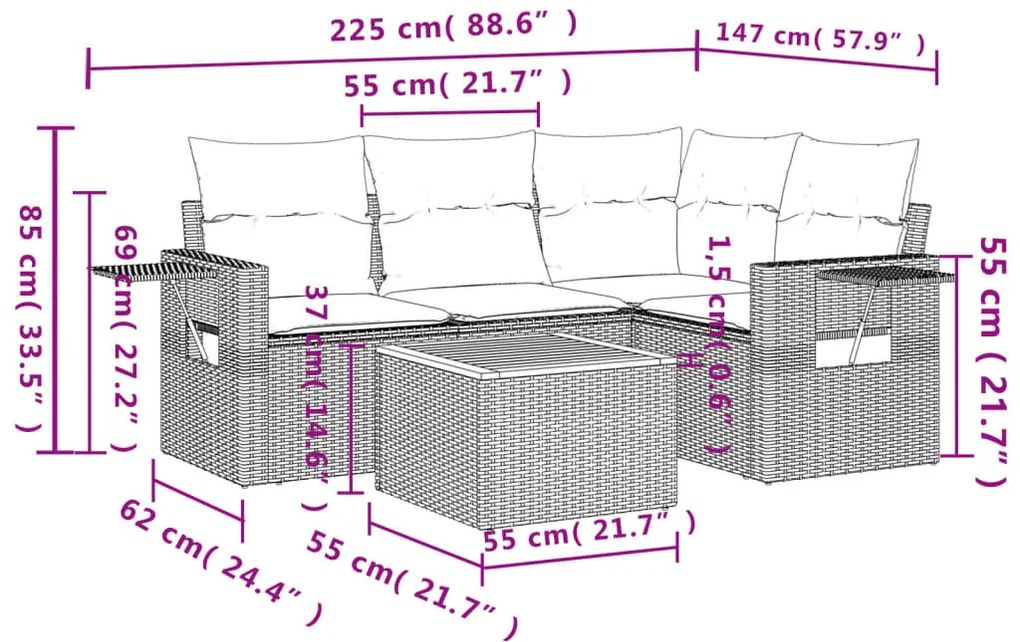 5 pcs conjunto sofás de jardim c/ almofadões vime PE cinzento