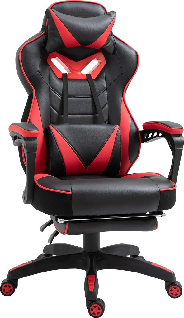 Cadeira de gaming ergonómica, cadeira de escritório confortável com apoio para os pés, apoio para a cabeça e almofada lombar, altura ajustável, preta