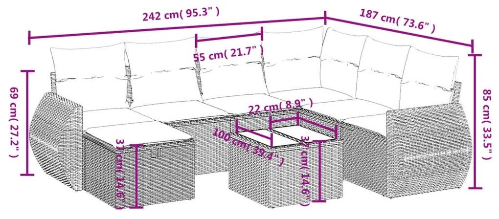 8 pcs conj. sofás jardim c/ almofadões vime PE cinzento-claro