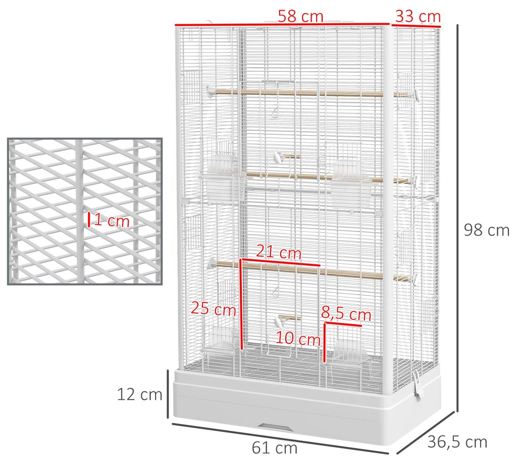 Gaiola para Pássaros 61x36,5x98 cm com Portas Poleiros Bandeja Removível e Alças para Canários Periquitos Branco