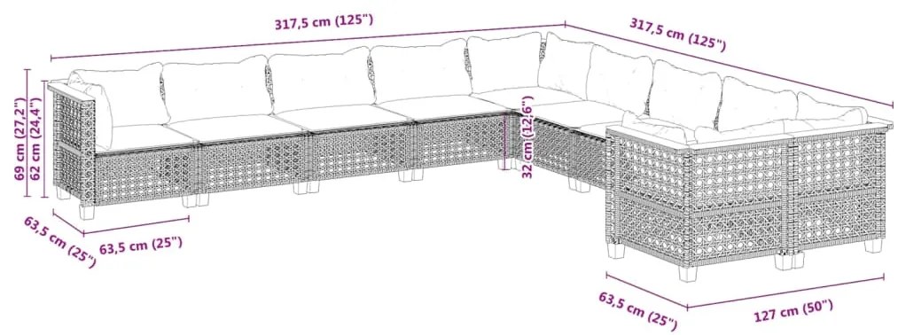 10 pcs conjunto sofás de jardim c/ almofadões vime PE cinzento