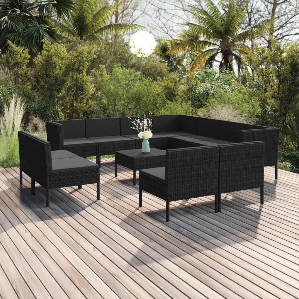 vidaXL 12 pcs conjunto lounge de jardim c/ almofadões vime PE preto