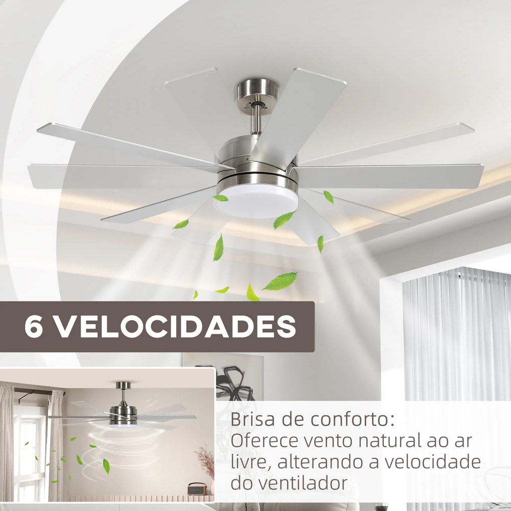 Ventoinha de Teto com Luz LED 46W Ø132 cm com 5 Lâminas Reversíveis Controlo Remoto 6 Velocidades e Temporizador Prateado