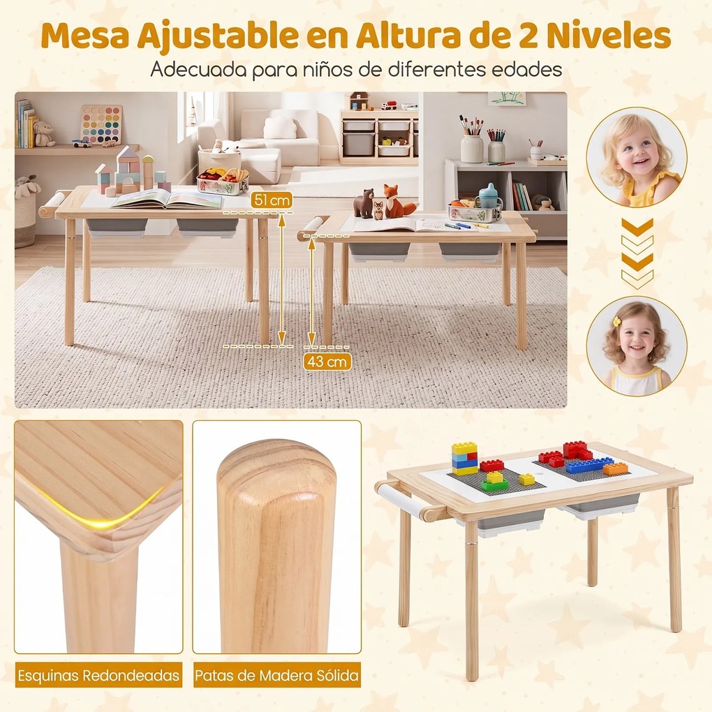 Conjunto de Mesa de Atividades Infantil com 2 Cadeiras, 86 x 55 x 51 cm, Multifuncional 6 em 1, Natural