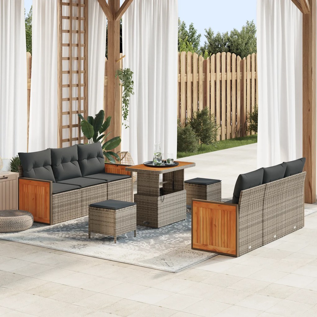 Conjunto de Sofá de Jardim vidaXL 9 Peças com Almofadas Cinzas Vime Polímero Acácia