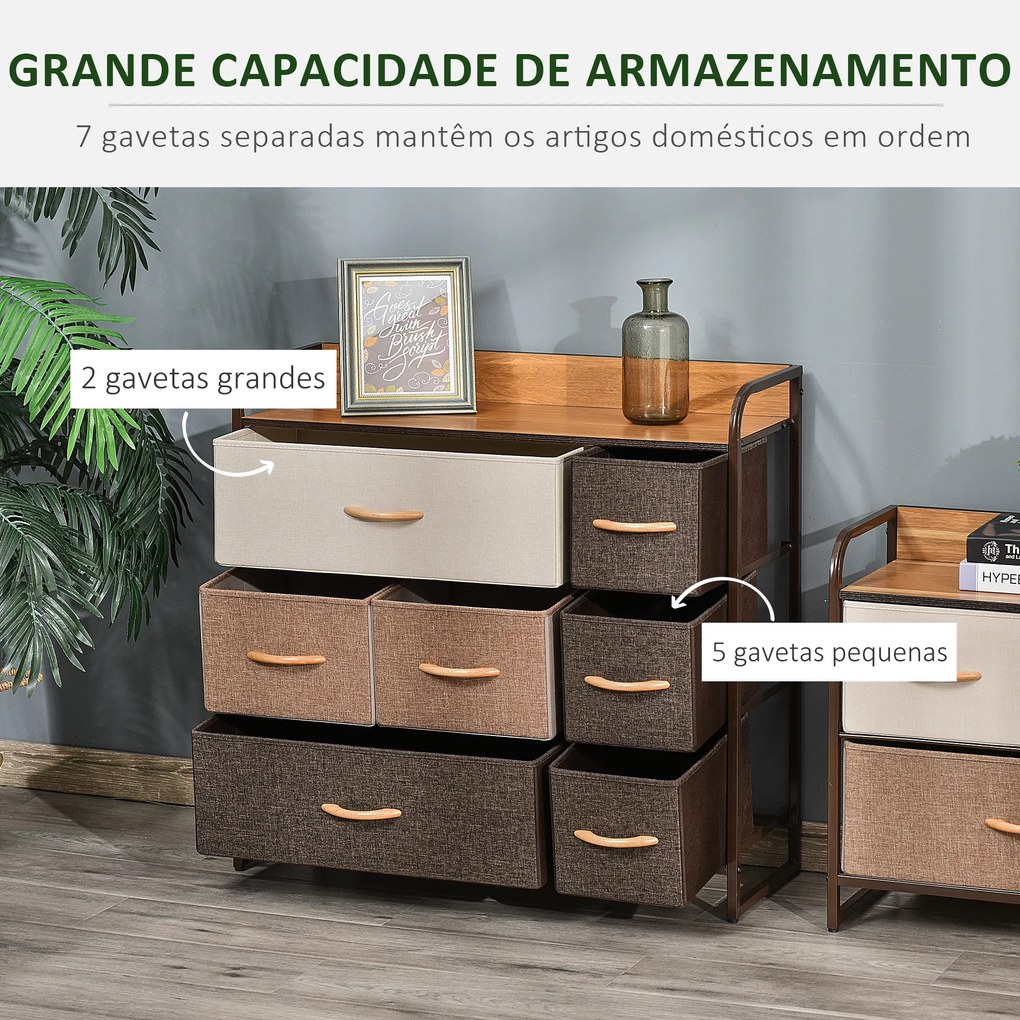 Cómoda com 7 Gavetas de Tecido Dobráveis Móvel Organizador com Estrutura Metálica e Antitombo 80x29x78,5 cm Multicolor