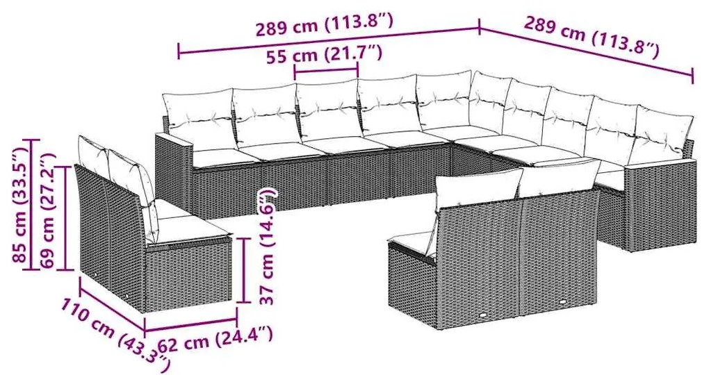 13 pcs conjunto de sofás de jardim com almofadões vime PE preto