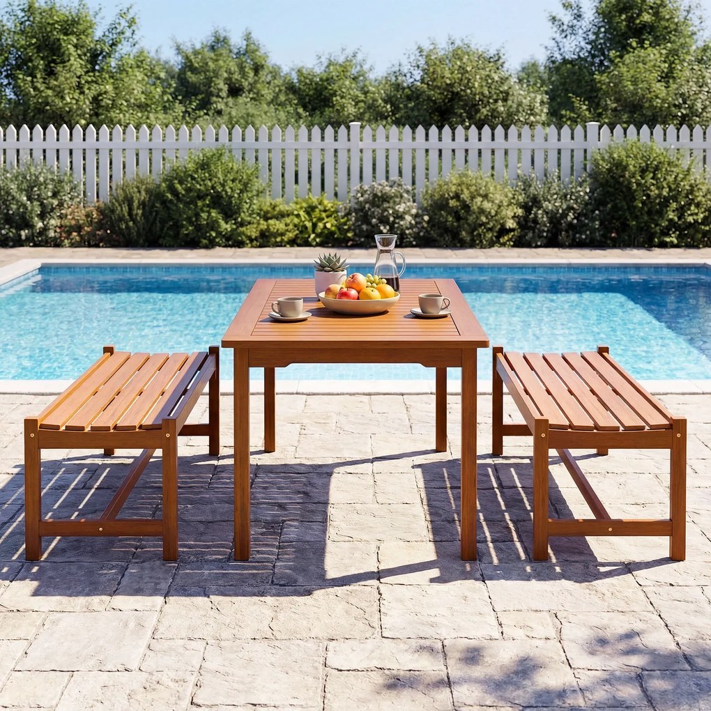 Conjunto de 2 bancos de jardim de 2 lugares,112 x 51 x 41,5 cm (MESA NÃO INCLUIDA), em madeira com acabamento a óleo de teca e assento curvo em ripas,