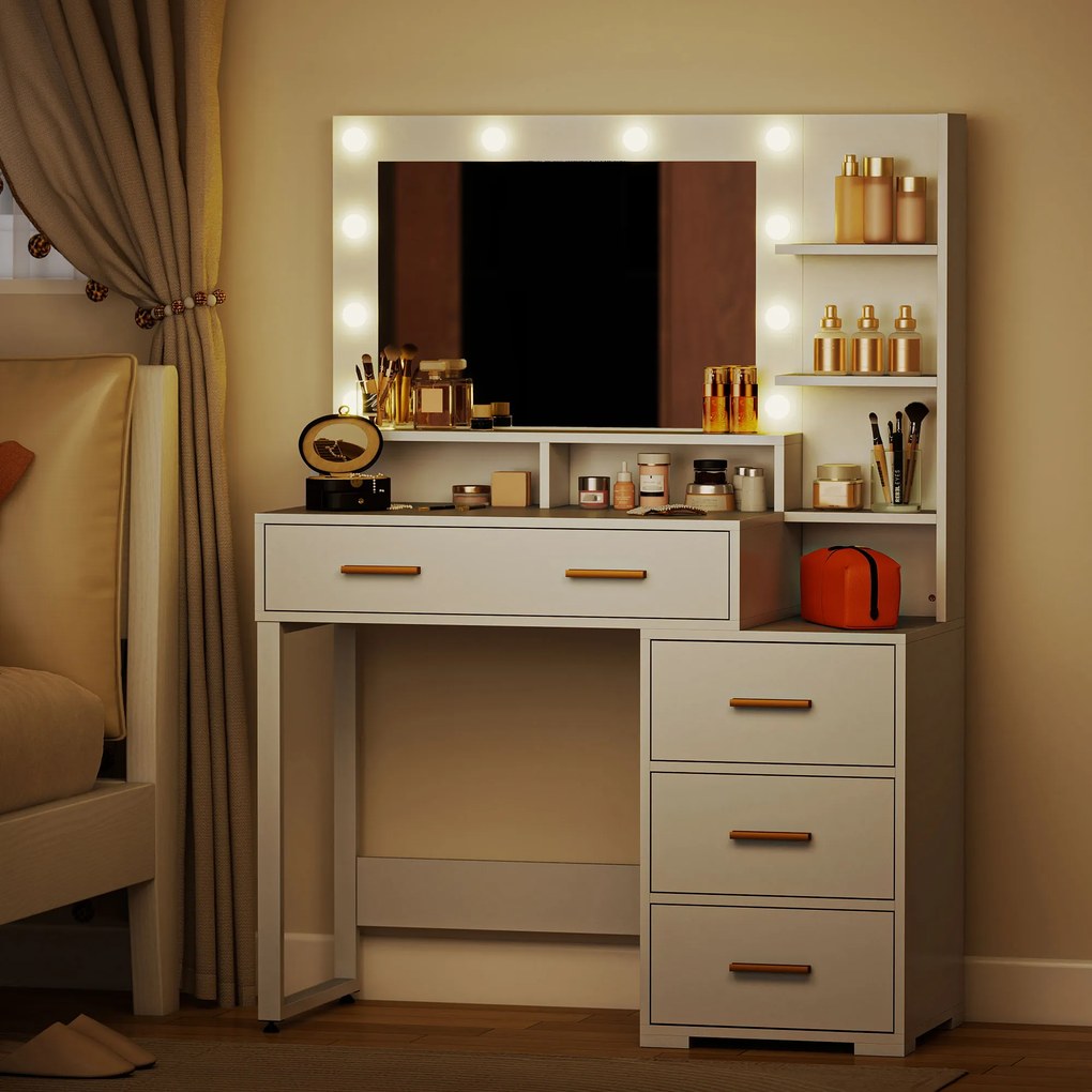 Toucador com espelho e 9 luzes LED, 4 gavetas e 6 compartimentos abertos, 100 x 40 x 138 cm, branco