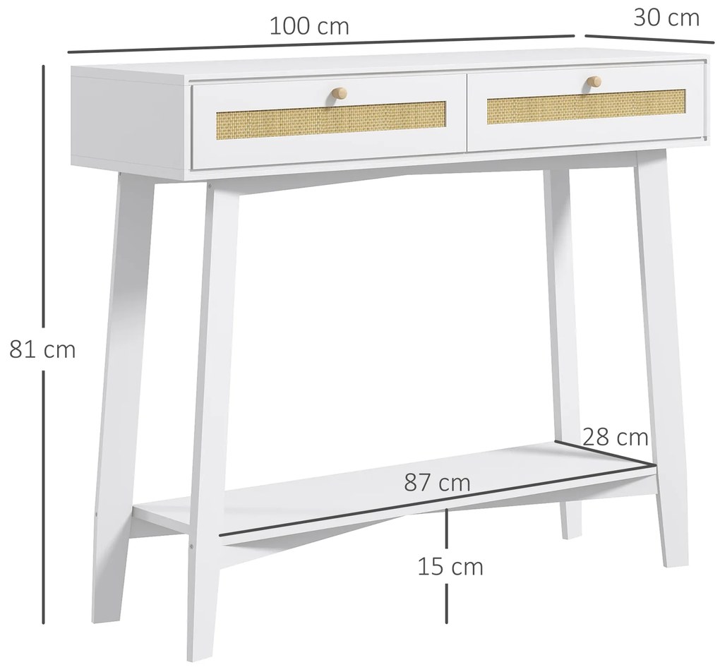 Mesa Consola para Entrada Mesa de Entrada com 2 Gavetas de Desenho de Vime para Sala Corredor 100x30x81 cm Branco