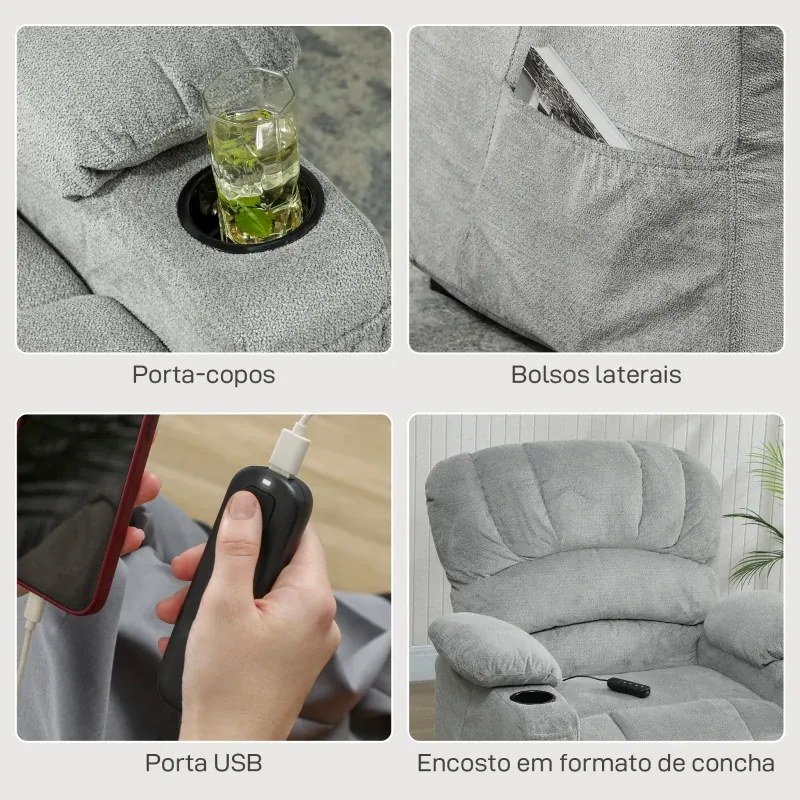 Poltrona Relax Reclinável Elétrica com Função Memória Apoia-Pés Controlo Remoto Bolsos Laterais Porta USB Porta-Copos Cinza