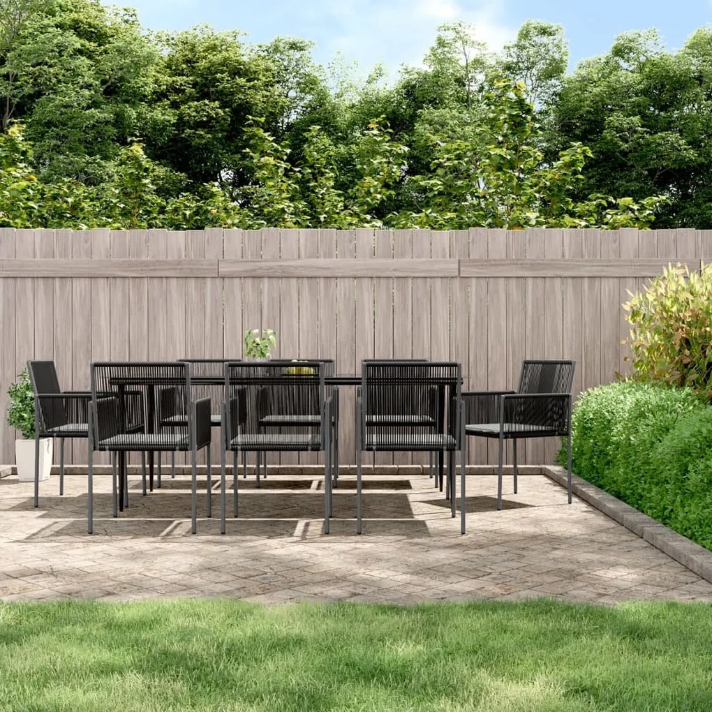 vidaXL 9 pcs conjunto jantar p/ jardim c/ almofadões vime PE/aço preto