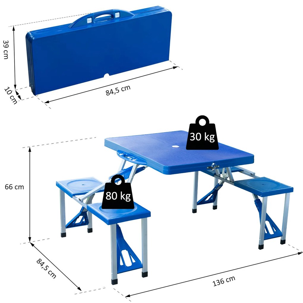 Mesa de Campismo Dobrável Com 4 Cadeiras Conjunto Dobrável de Campismo - Alumínio - Medidas 84,5x64,5x66 cm