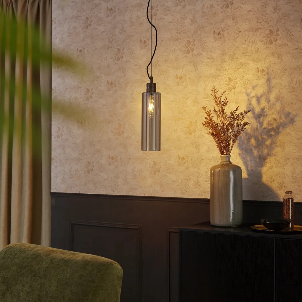 Candeeiro suspenso Hotel Chic bronze escuro com vidro âmbar - Stavelot