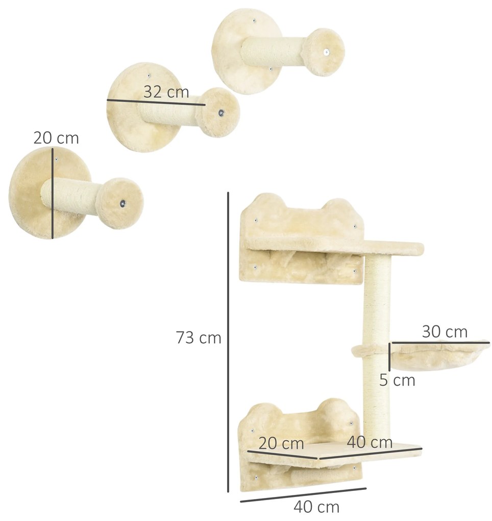 Conjunto de Prateleiras de Parede para Gatos de 4 Peças com 3 Postes de Sisal Rede e 1 Plataforma para Saltar de 3 Níveis Bege