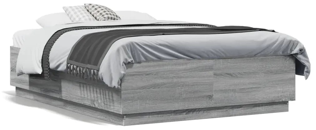 Estrutura de cama c/ luzes LED derivados madeira cinza sonoma