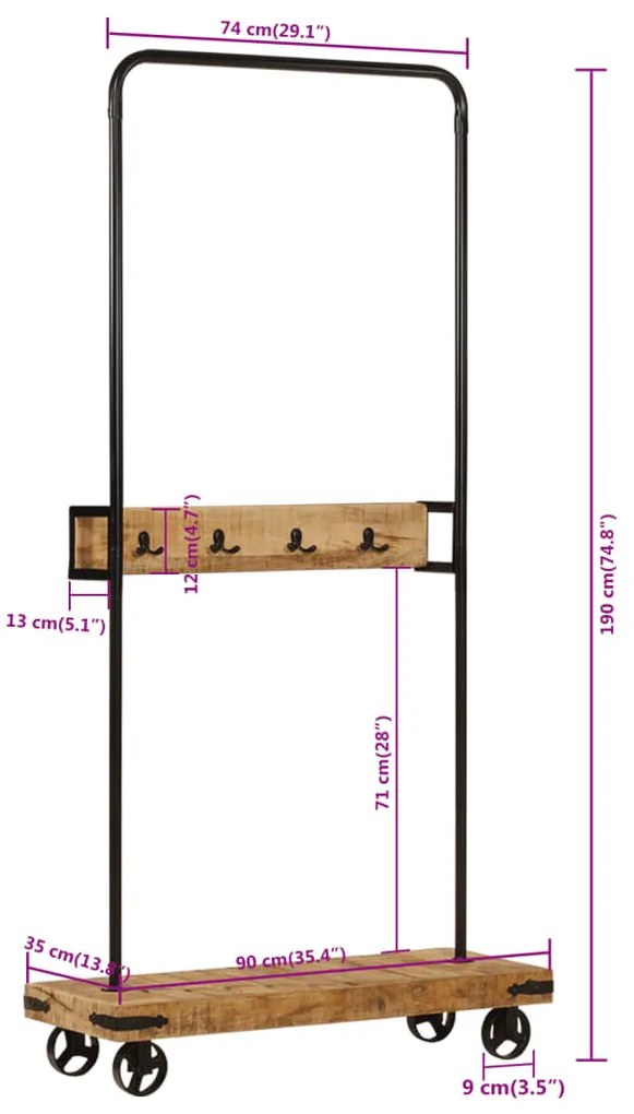 Suporte para roupa c/ rodas 90x35x190 cm mangueira maciça/ferro