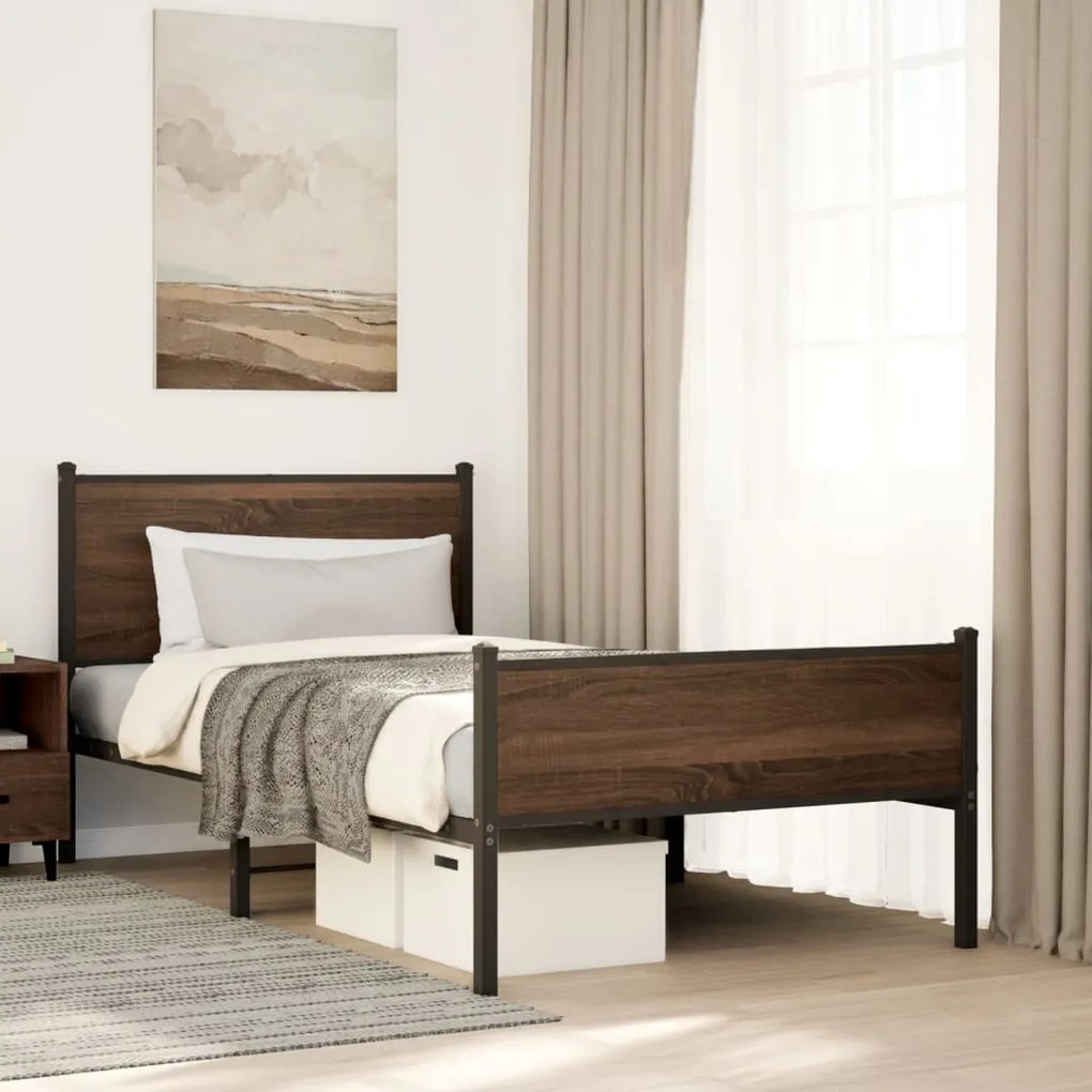 Estrutura de cama sem colchão 100x200cm metal carvalho castanho