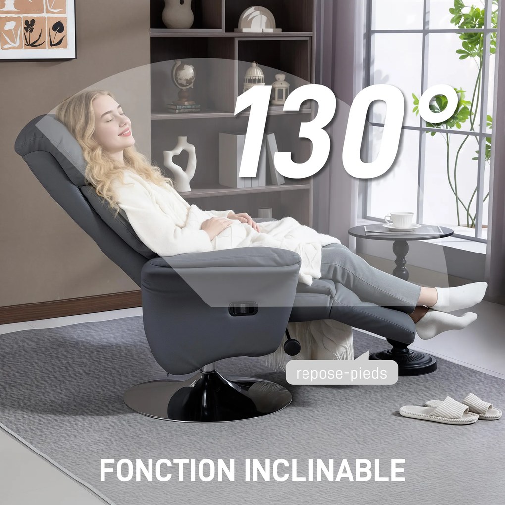Poltrona de relaxamento reclinável e giratória com apoio para os pés ajustável, até 120 kg, para sala de estar, quarto, cinema em casa, cinzenta