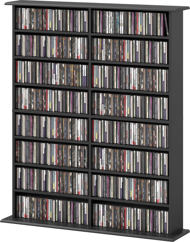 Organizador para CD e DVD com 16 compartimentos e 12 prateleiras ajustáveis, capacidade máxima de 720 CD/396 DVD e Blu-ray, preto