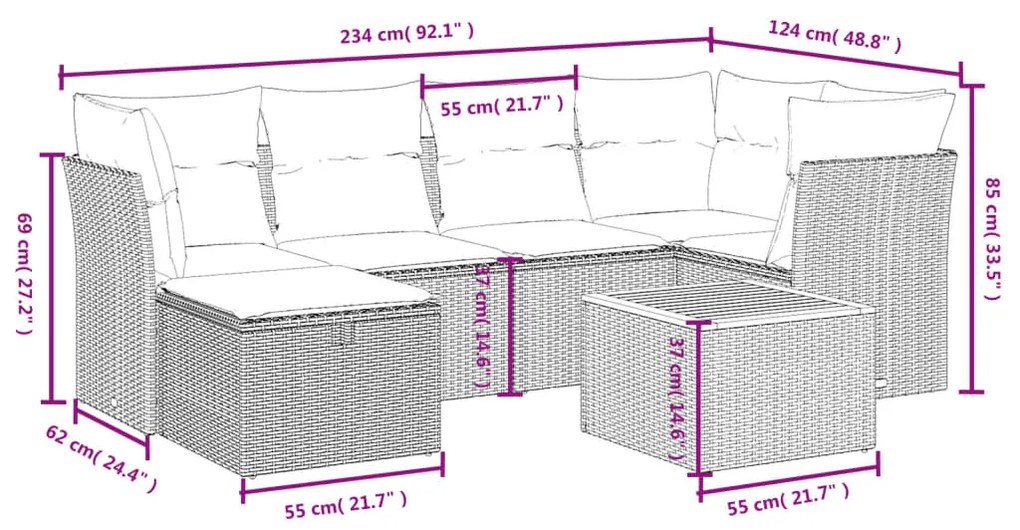 7 pcs conjunto de sofás p/ jardim com almofadões vime PE bege