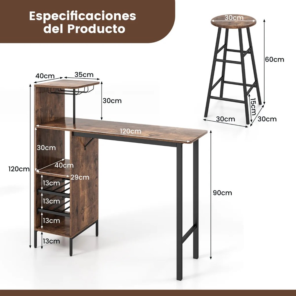 Conjunto de 3 peças de mesa e cadeiras de bar, mesa industrial e bancos com porta-copos, prateleiras para sala de jantar, cozinha Castanho