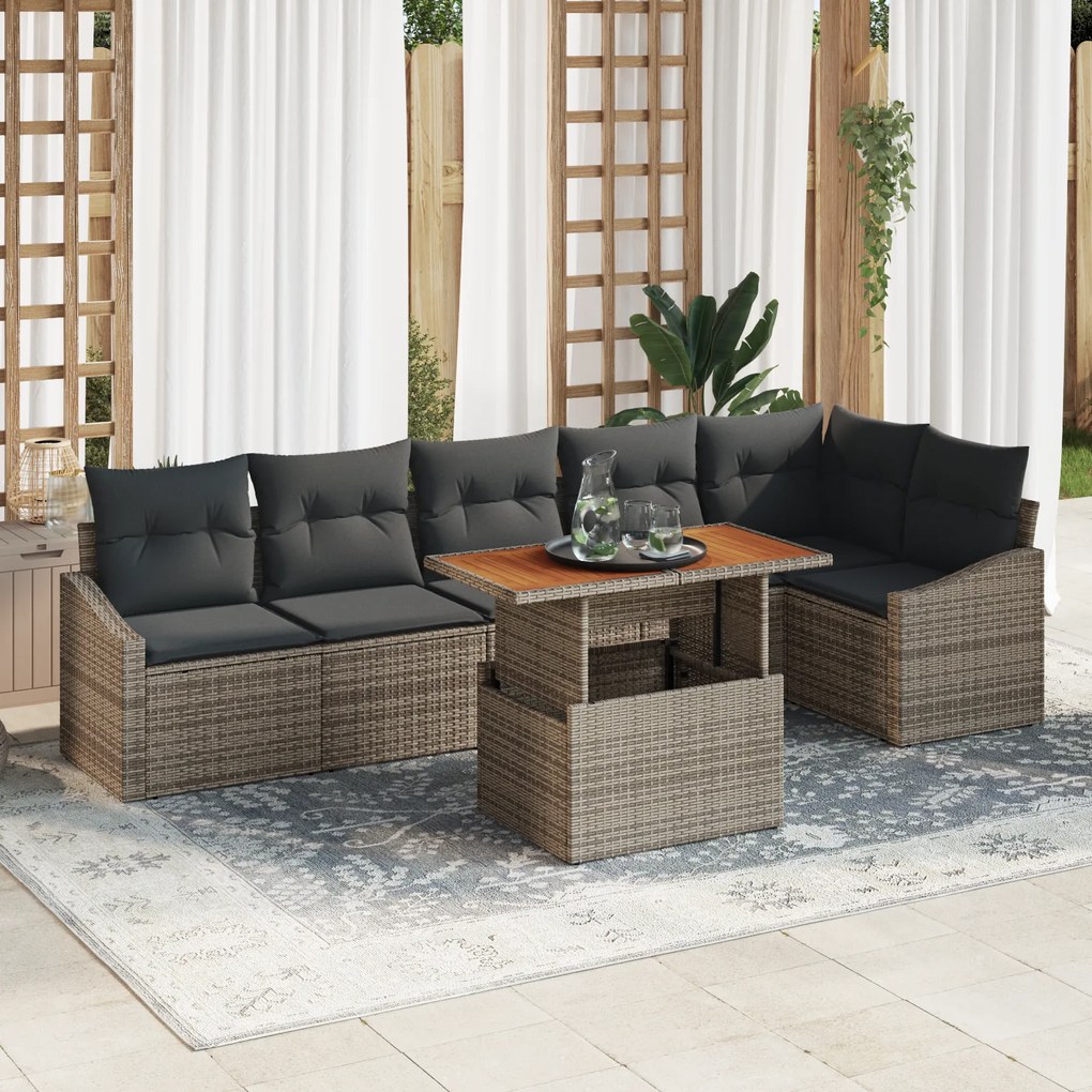 Conjunto de Sofá de Jardim de 7 Peças com Almofadas Cinza em Rattan PE