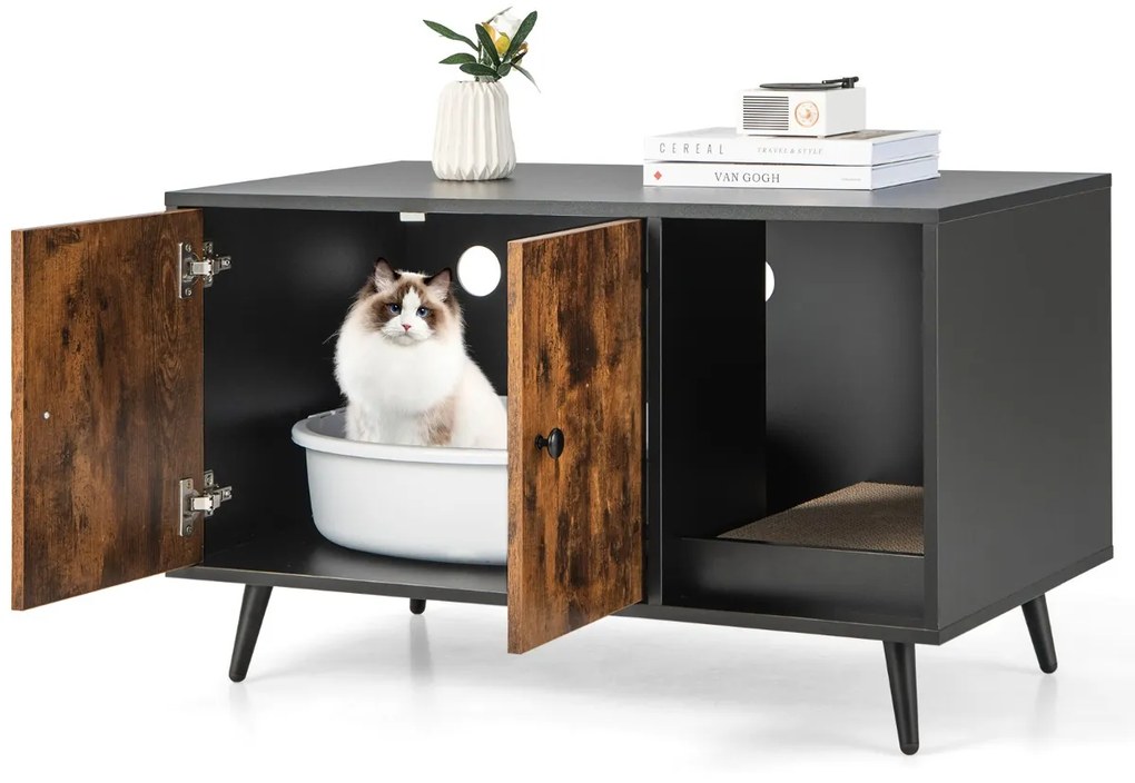 Armario Caixa de areia para gatos com portas, Estante aberta e poste para arranhar gatos 90 x 50 x 54 cm Preto e Castanho