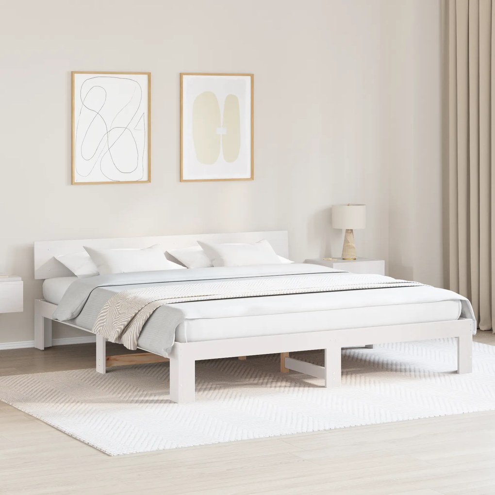 vidaXL Estrutura de Cama com Cabeceira Branca 200x200 cm Madeira de Pinho Maciça