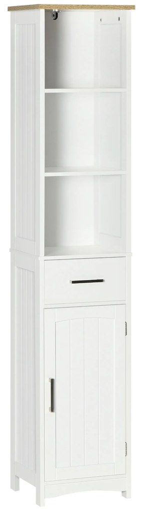 kleankin Coluna para Casa de Banho com 1 Gaveta 1 Porta 3 Prateleiras Abertas e Prateleira Interior Ajustável 34x30x163cm Branco | Aosom Portugal