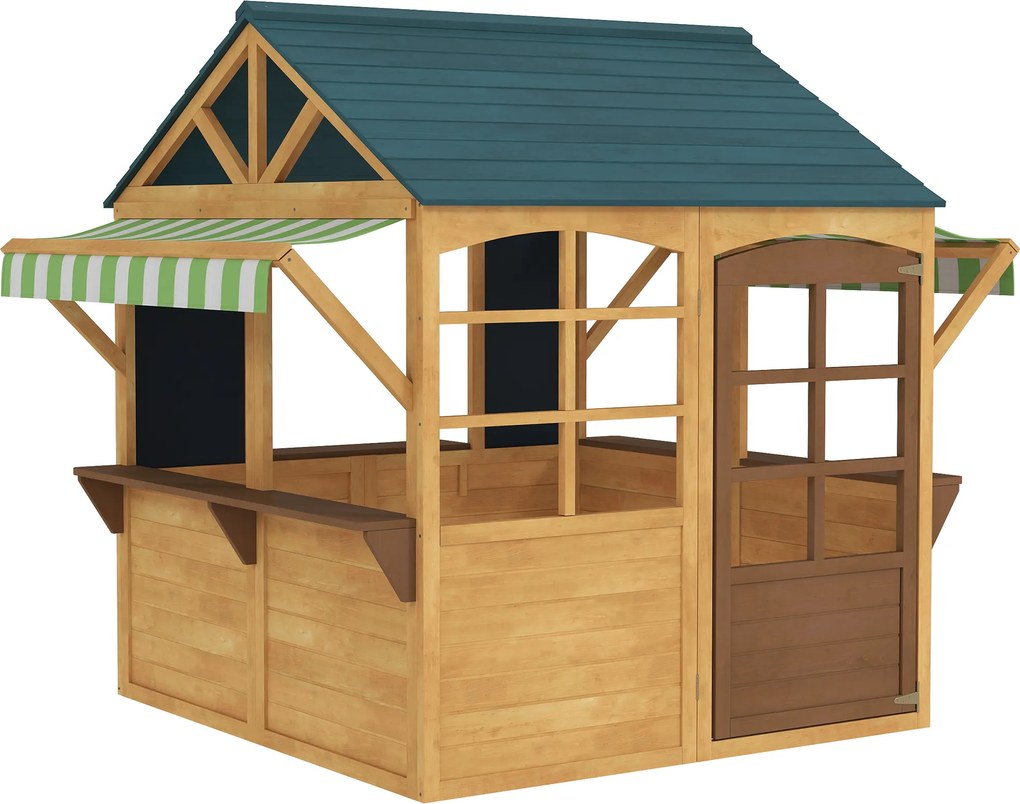 AIYAPLAY Casinha de Jogos Infantil de Madeira com Janelas Lousas Telhado e Toldo 173x117x144 cm Madeira Natural | Aosom Portugal