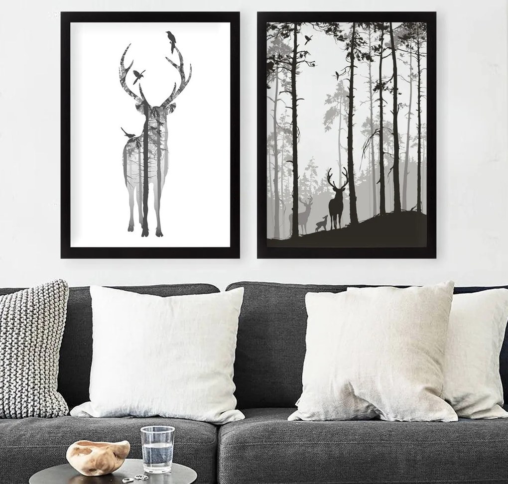 Pintura Decorativa em Moldura (2 Peças) SET_083 – Branco e Preto – 34