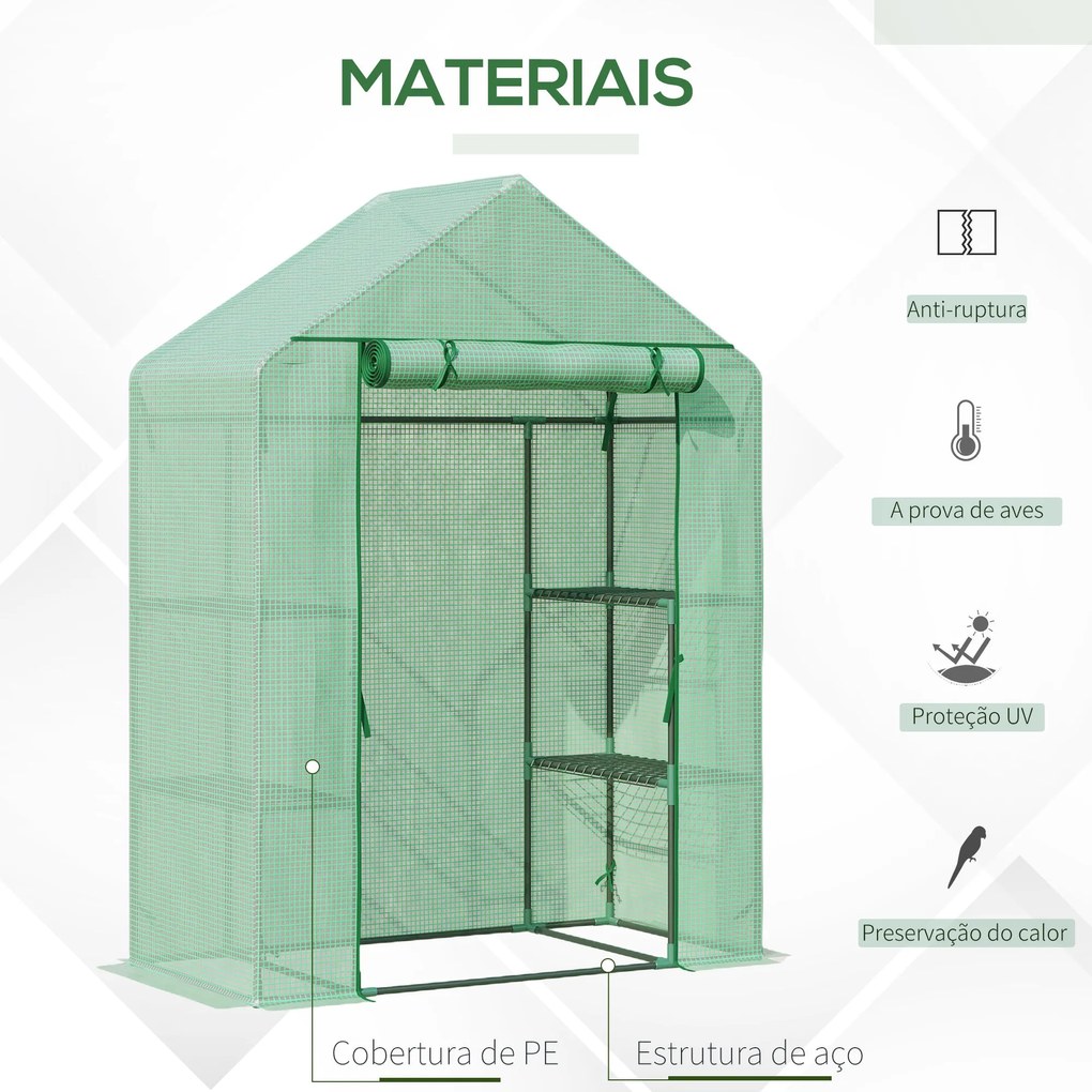 Estufa de Jardim 140x70x190cm Estufa com 4 Prateleiras Porta Enrolável