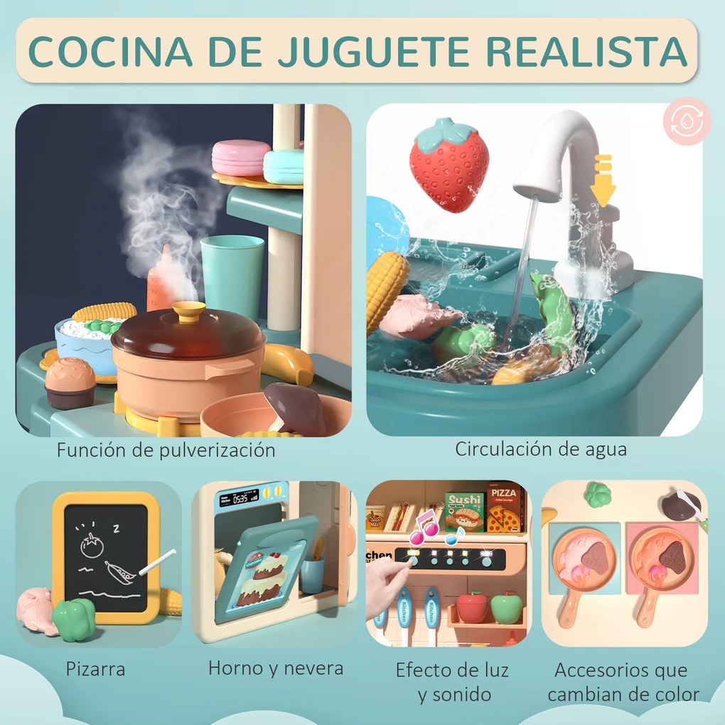 HOMCOM Cozinha de Brinquedo para Crianças acima de 3 Anos com Luz Sons Água Vapor Lousa 113 Acessórios Incluidos Cozinha Infantil Educativa 70x32x92,2cm Multicor