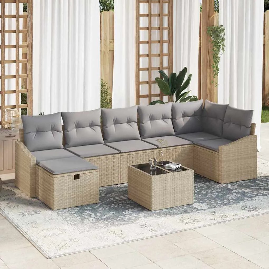 Conjunto de Sofás de Jardim 8 Peças com Almofadas Bege Polirattan
