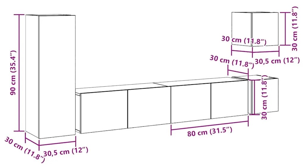 Conjunto de armário TV de parede 5 pcs madeira madeira velha