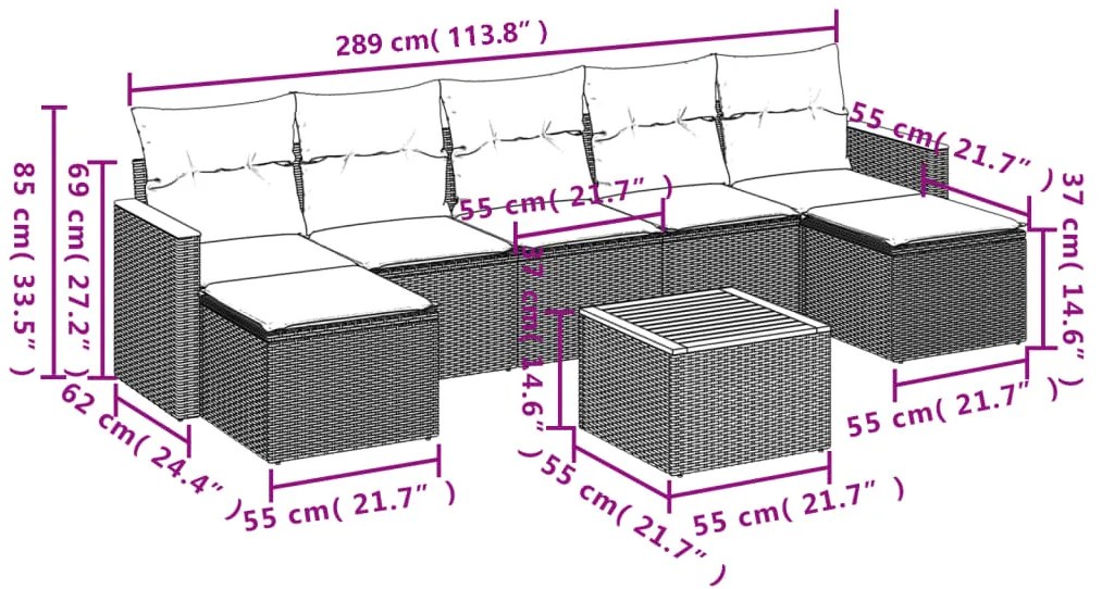 8 pcs conjunto sofás de jardim c/ almofadões vime PE cinzento