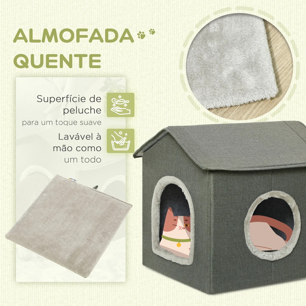 Casa para Gatos Caverna para Gatos com 2 Portas e Almofada Lavável 39x43,5x40,5 cm Cinzento